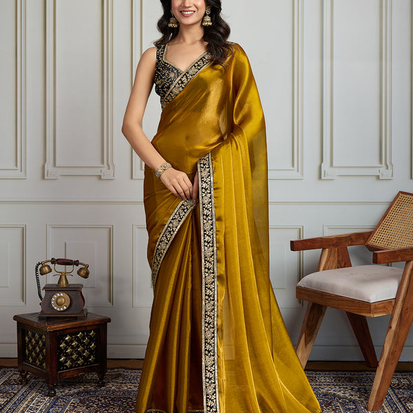 Jyoti Fashion Women's Mustard Satin Silk Embroidered Designer Saree with Blouse