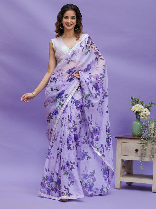 Jyoti Fashion Women's Purple Digital Print with Sequence Lace work Chinon Saree with Blouse - Distacart