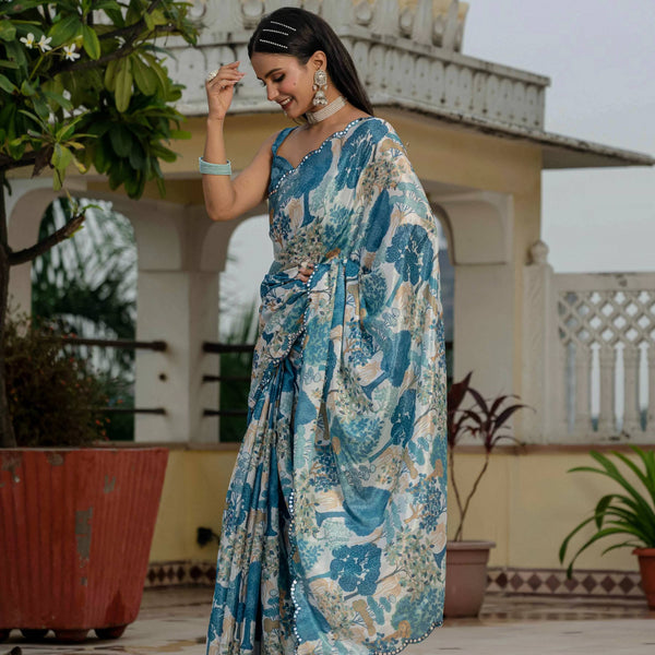 Jyoti Fashion Morpich Chinon Digital Print with Mirror Saree with Blouse - Distacart