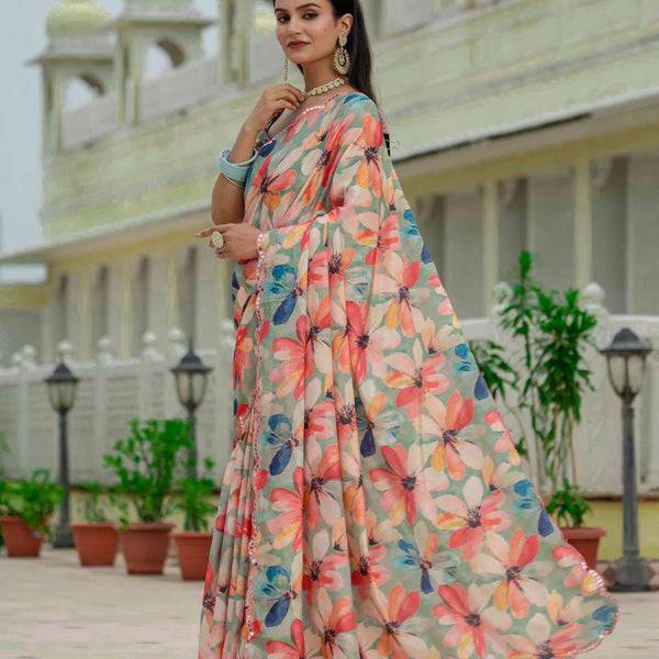 Jyoti Fashion Women's Multicolor Chinon Digital Print with Mirror Saree with Blouse - Distacart
