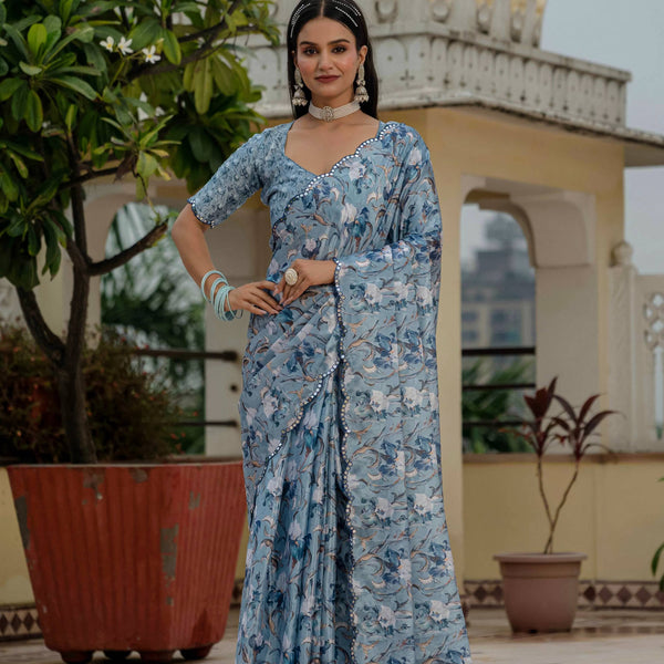 Jyoti Fashion Women's Sky Blue Chinon Digital Print with Mirror Saree with Blouse - Distacart