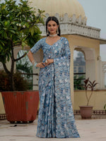 Thumbnail for Jyoti Fashion Women's Sky Blue Chinon Digital Print with Mirror Saree with Blouse - Distacart