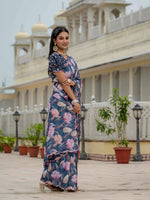 Thumbnail for Jyoti Fashion Women's Navy Blue Chinon Digital Print with Mirror Saree with Blouse - Distacart