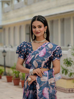 Thumbnail for Jyoti Fashion Women's Navy Blue Chinon Digital Print with Mirror Saree with Blouse - Distacart