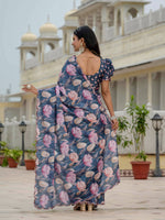 Thumbnail for Jyoti Fashion Women's Navy Blue Chinon Digital Print with Mirror Saree with Blouse - Distacart