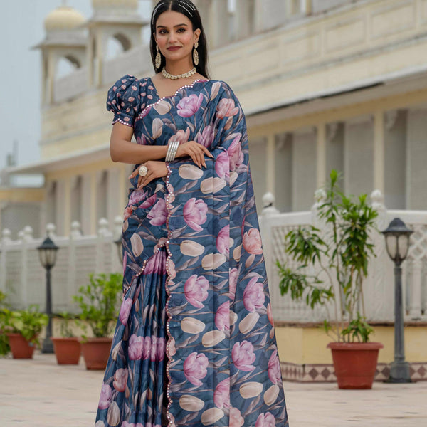 Jyoti Fashion Women's Navy Blue Chinon Digital Print with Mirror Saree with Blouse - Distacart