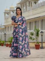 Thumbnail for Jyoti Fashion Women's Navy Blue Chinon Digital Print with Mirror Saree with Blouse - Distacart