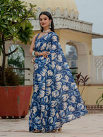 Thumbnail for Jyoti Fashion Women's Royal Blue Chinon Digital Print with Mirror Saree with Blouse - Distacart