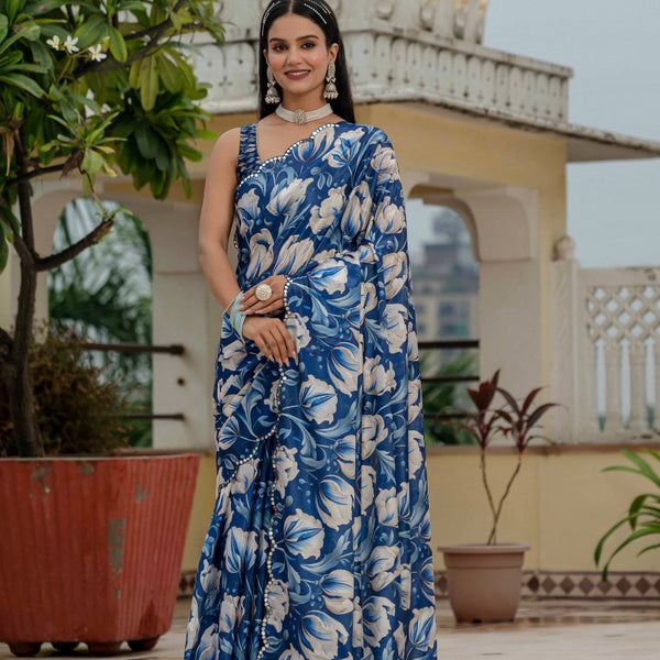 Jyoti Fashion Women's Royal Blue Chinon Digital Print with Mirror Saree with Blouse - Distacart