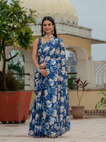Thumbnail for Jyoti Fashion Women's Royal Blue Chinon Digital Print with Mirror Saree with Blouse - Distacart