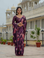 Thumbnail for Jyoti Fashion Women's Wine Chinon Digital Print with Mirror Saree with Blouse - Distacart