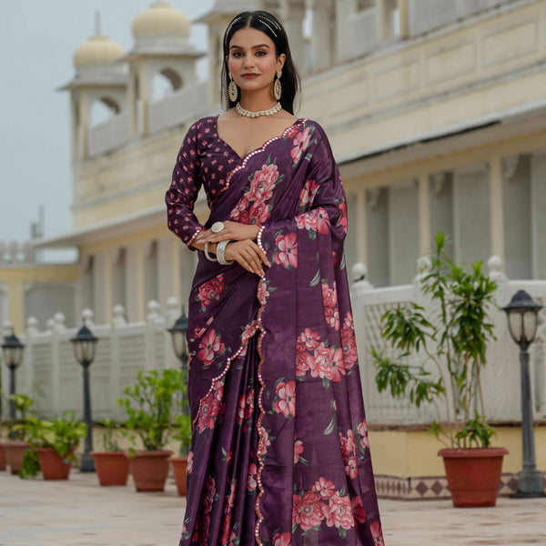 Jyoti Fashion Women's Wine Chinon Digital Print with Mirror Saree with Blouse - Distacart