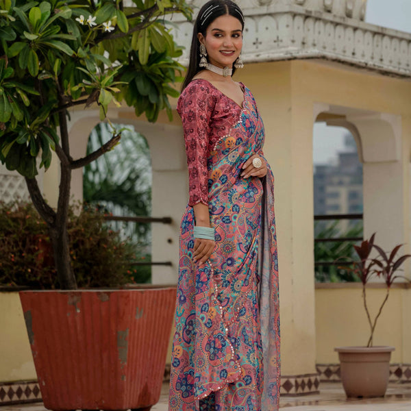 Jyoti Fashion Women's Multicolor Chinon Digital Print with Mirror Saree with Blouse - Distacart