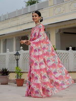 Thumbnail for Jyoti Fashion Women's Pink Chinon Digital Print with Mirror Saree with Blouse - Distacart