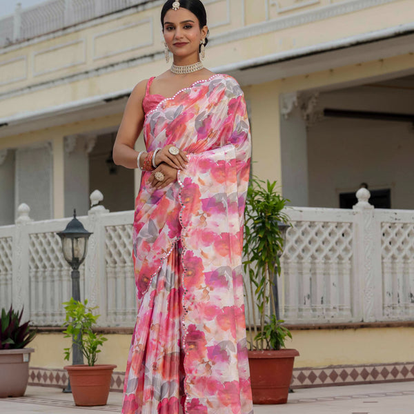 Jyoti Fashion Women's Pink Chinon Digital Print with Mirror Saree with Blouse - Distacart