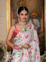 Thumbnail for Jyoti Fashion Women's White Chinon Digital Print with Mirror Saree with Blouse - Distacart