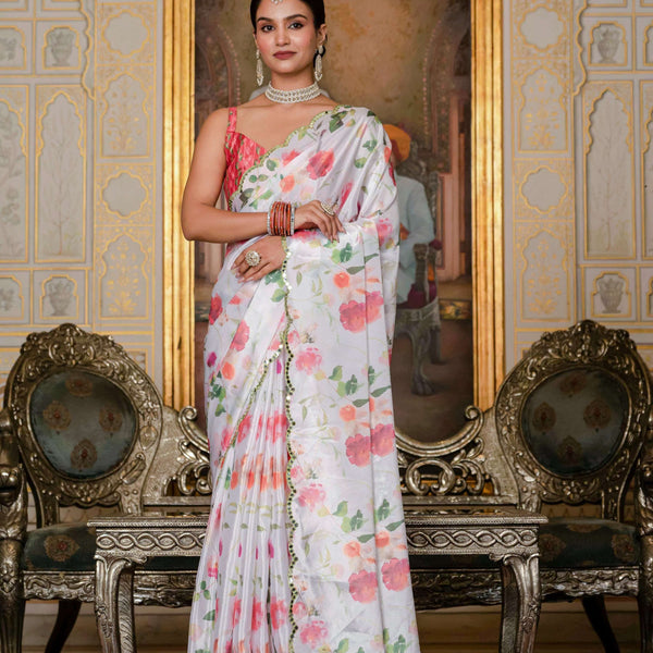Jyoti Fashion Women's White Chinon Digital Print with Mirror Saree with Blouse - Distacart