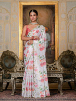 Thumbnail for Jyoti Fashion Women's White Chinon Digital Print with Mirror Saree with Blouse - Distacart