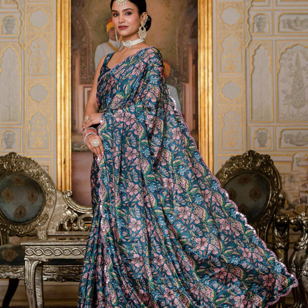 Jyoti Fashion Women's Morpich Chinon Digital Print with Mirror Saree with Blouse - Distacart