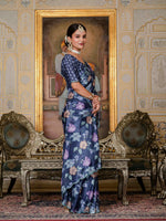 Thumbnail for Jyoti Fashion Women's Navy Blue Chinon Digital Print with Mirror Saree with Blouse - Distacart