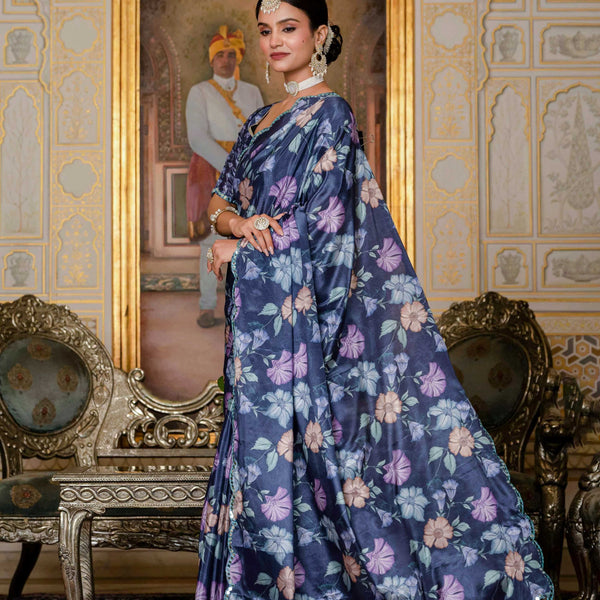 Jyoti Fashion Women's Navy Blue Chinon Digital Print with Mirror Saree with Blouse - Distacart