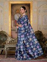Thumbnail for Jyoti Fashion Women's Navy Blue Chinon Digital Print with Mirror Saree with Blouse - Distacart