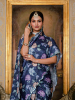 Thumbnail for Jyoti Fashion Women's Navy Blue Chinon Digital Print with Mirror Saree with Blouse - Distacart