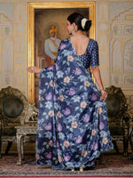 Thumbnail for Jyoti Fashion Women's Navy Blue Chinon Digital Print with Mirror Saree with Blouse - Distacart