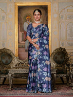 Thumbnail for Jyoti Fashion Women's Navy Blue Chinon Digital Print with Mirror Saree with Blouse - Distacart