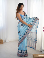 Thumbnail for Jyoti Fashion Women's Sky Blue Chinon Digital Printed Designer Saree with Blouse - Distacart