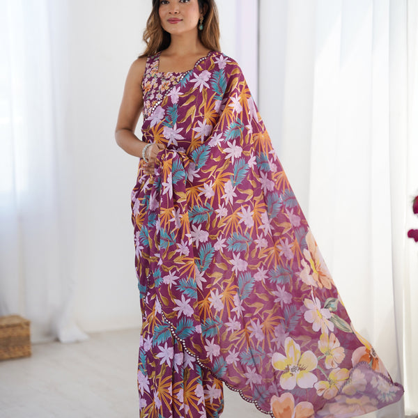 Jyoti Fashion Women's Multicolor Chinon Digital Printed Designer Saree with Blouse - Distacart