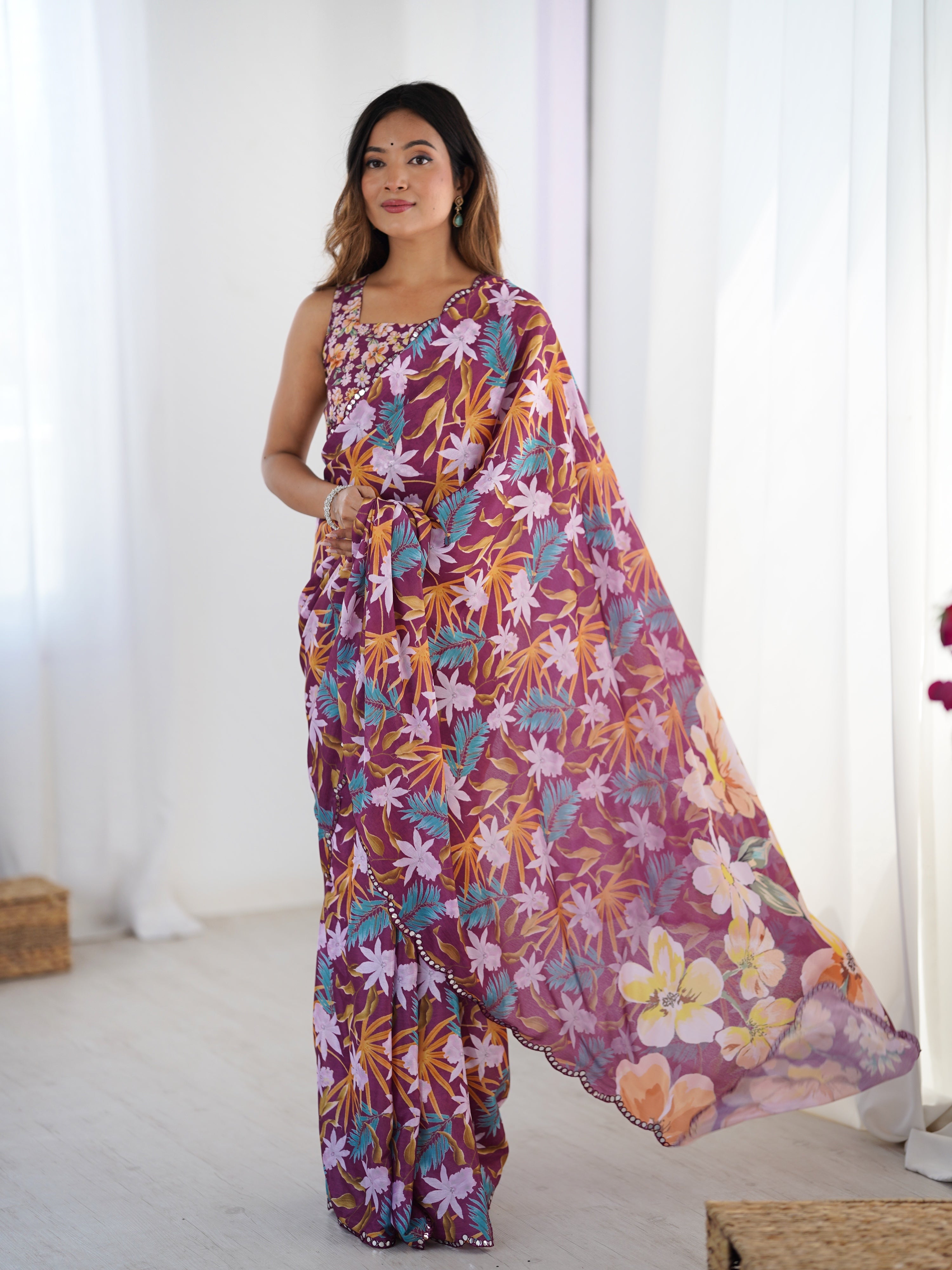 Jyoti Fashion Women's Multicolor Chinon Digital Printed Designer Saree with Blouse