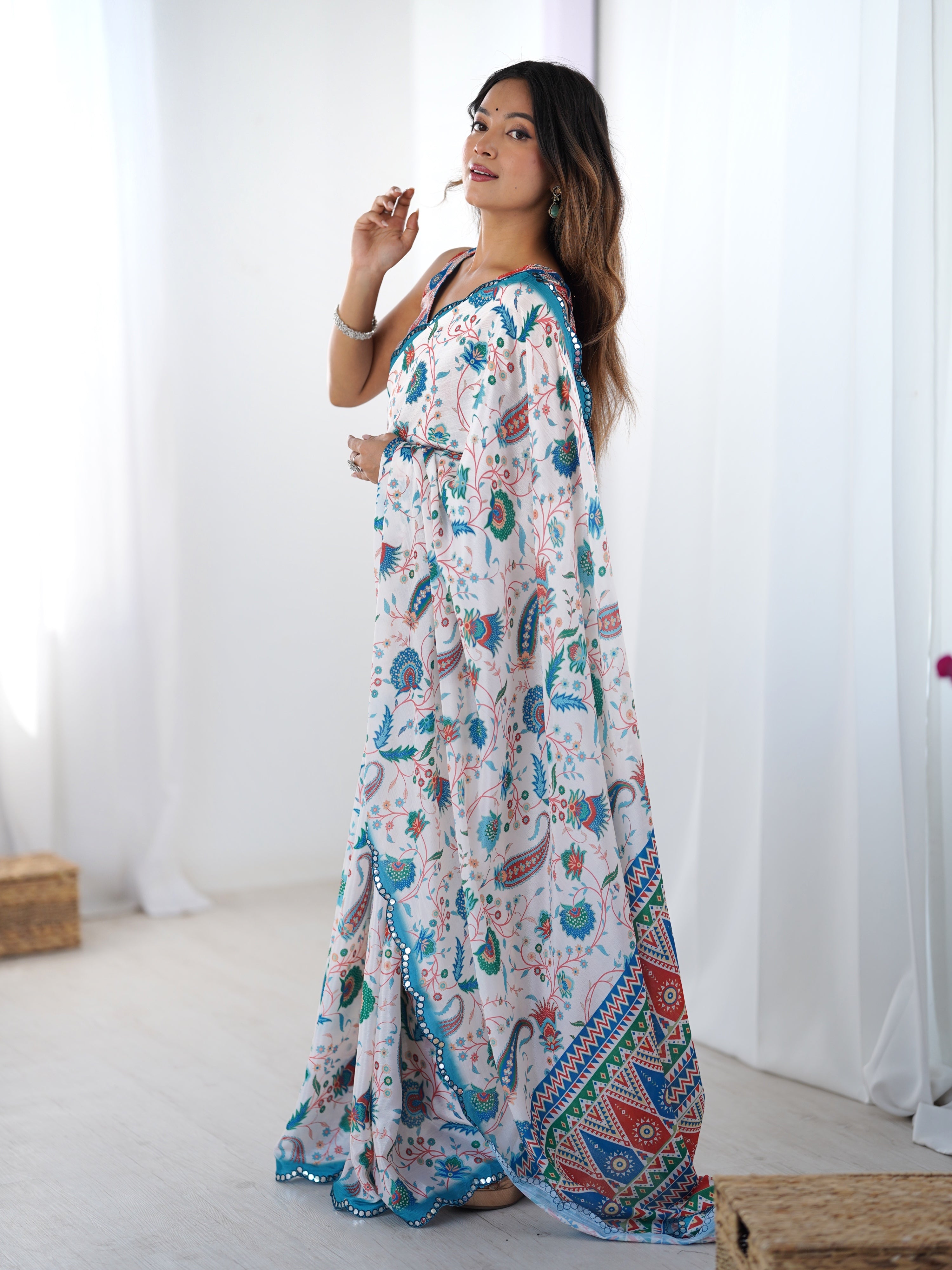Jyoti Fashion Women's Multicolor Chinon Digital Printed Designer Saree with Blouse - Distacart