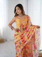 Thumbnail for Jyoti Fashion Women's Yellow Chinon Digital Printed Designer Saree with Blouse - Distacart