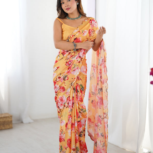 Jyoti Fashion Women's Yellow Chinon Digital Printed Designer Saree with Blouse - Distacart