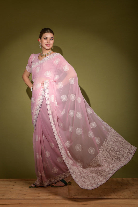 Jyoti Fashion Women's Sky Blue Lakhnavi Thread work Georgette Saree with Blouse - Distacart