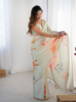 Thumbnail for Jyoti Fashion Women's Pista Green Chinon Digital Printed Designer Saree with Blouse - Distacart