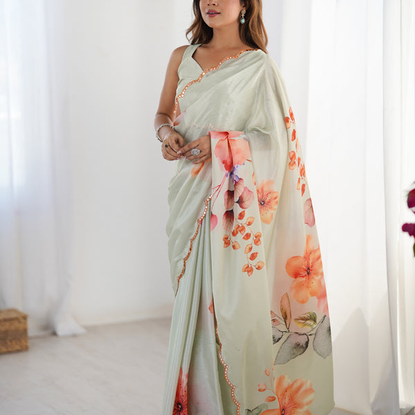 Jyoti Fashion Women's Pista Green Chinon Digital Printed Designer Saree with Blouse - Distacart