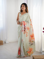 Thumbnail for Jyoti Fashion Women's Pista Green Chinon Digital Printed Designer Saree with Blouse - Distacart