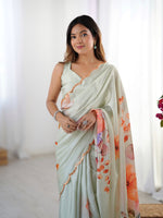 Thumbnail for Jyoti Fashion Women's Pista Green Chinon Digital Printed Designer Saree with Blouse - Distacart