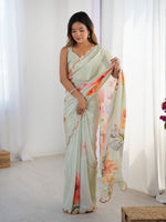 Thumbnail for Jyoti Fashion Women's Pista Green Chinon Digital Printed Designer Saree with Blouse - Distacart