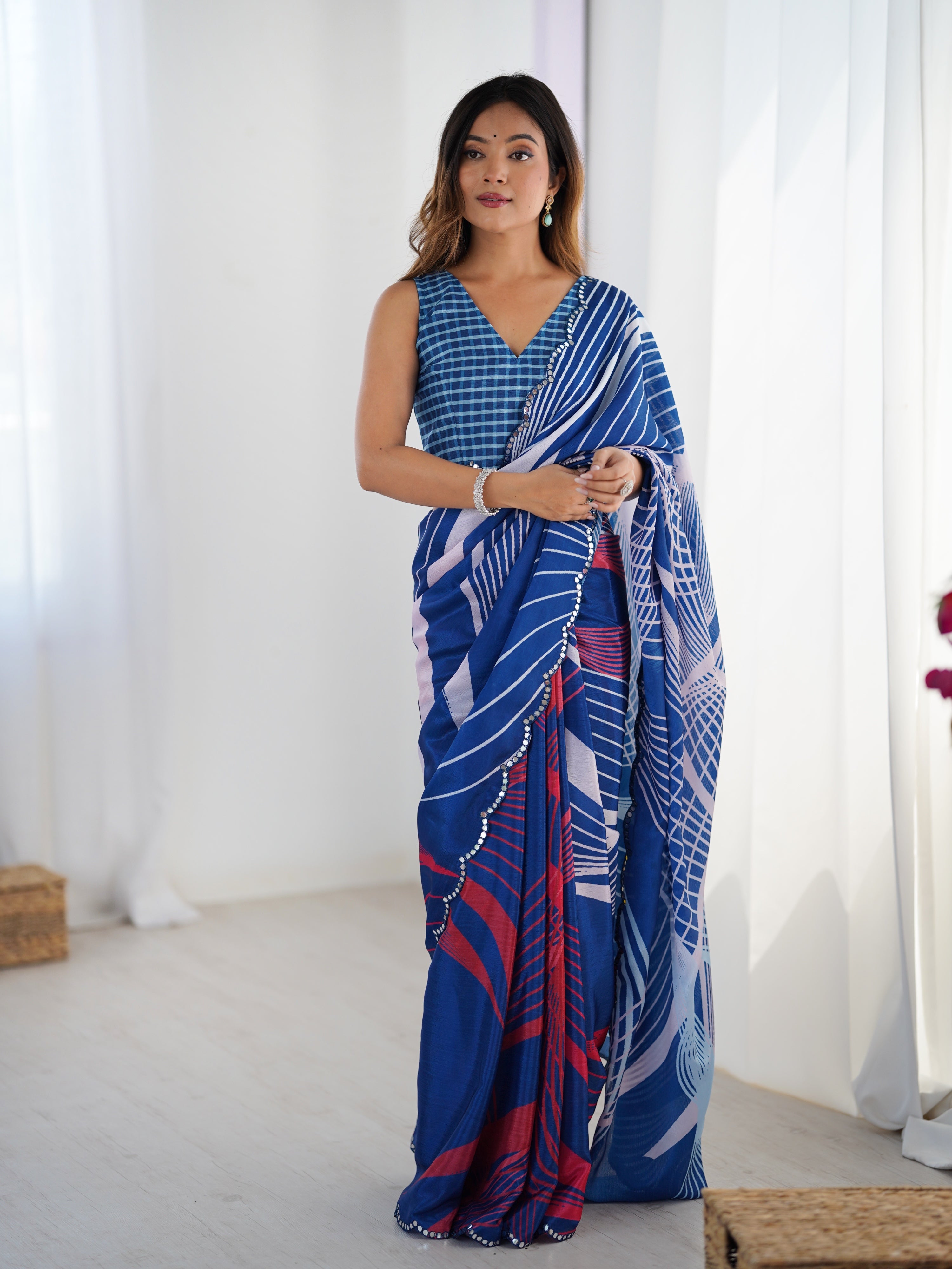 Jyoti Fashion Women's Blue Chinon Digital Printed Designer Saree with Blouse - Distacart