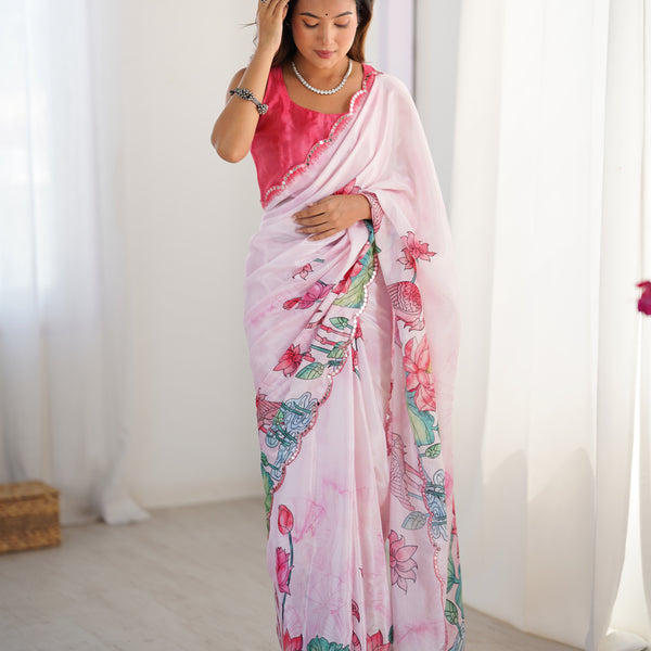 Jyoti Fashion Women's Pink Chinon Digital Printed Designer Saree with Blouse - Distacart