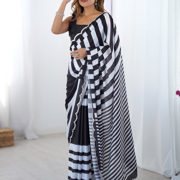 Jyoti Fashion Women's Black Chinon Digital Printed Designer Saree with Blouse - Distacart