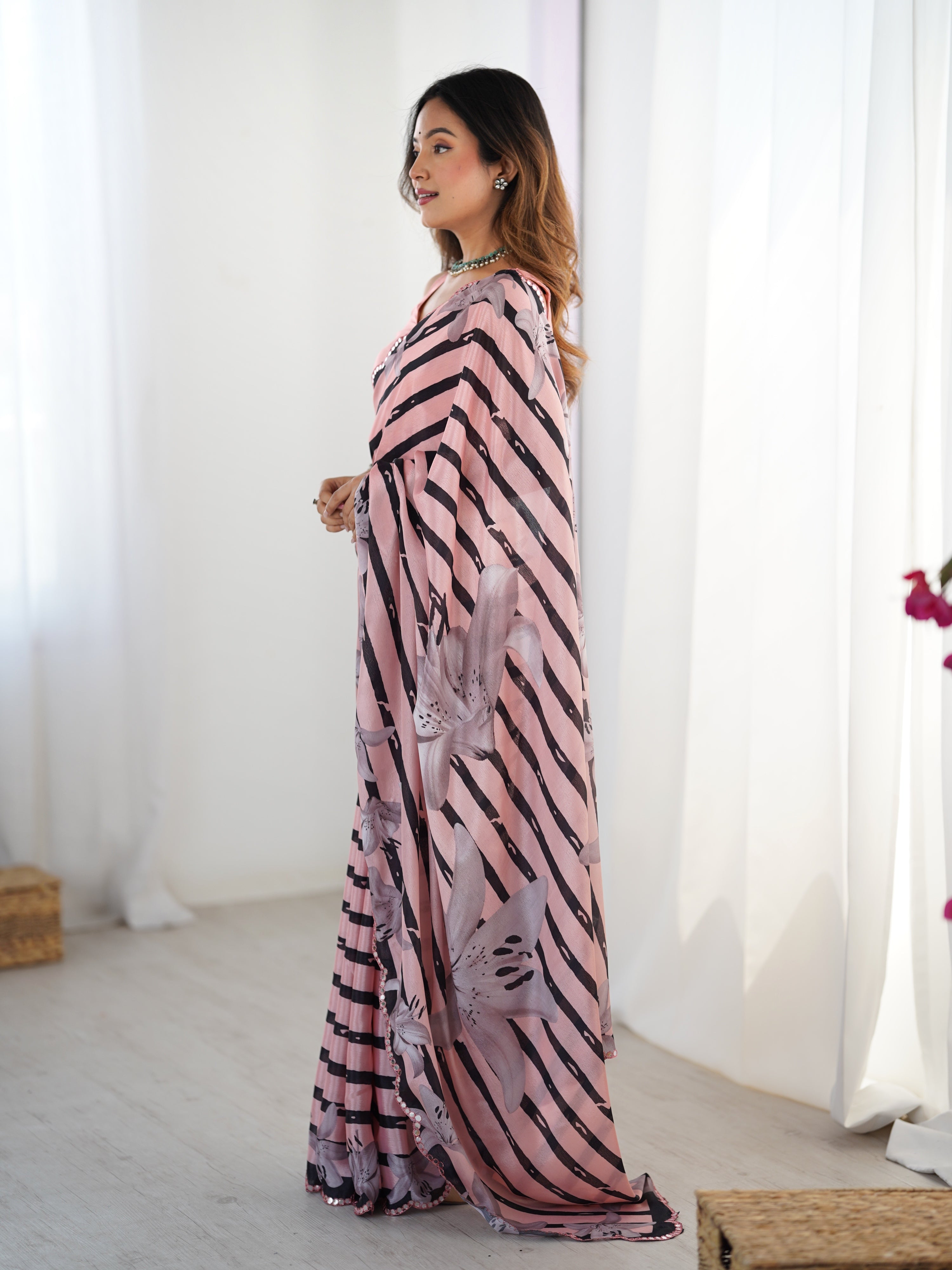 Jyoti Fashion Women's Baby Pink Chinon Digital Printed Designer Saree with Blouse - Distacart