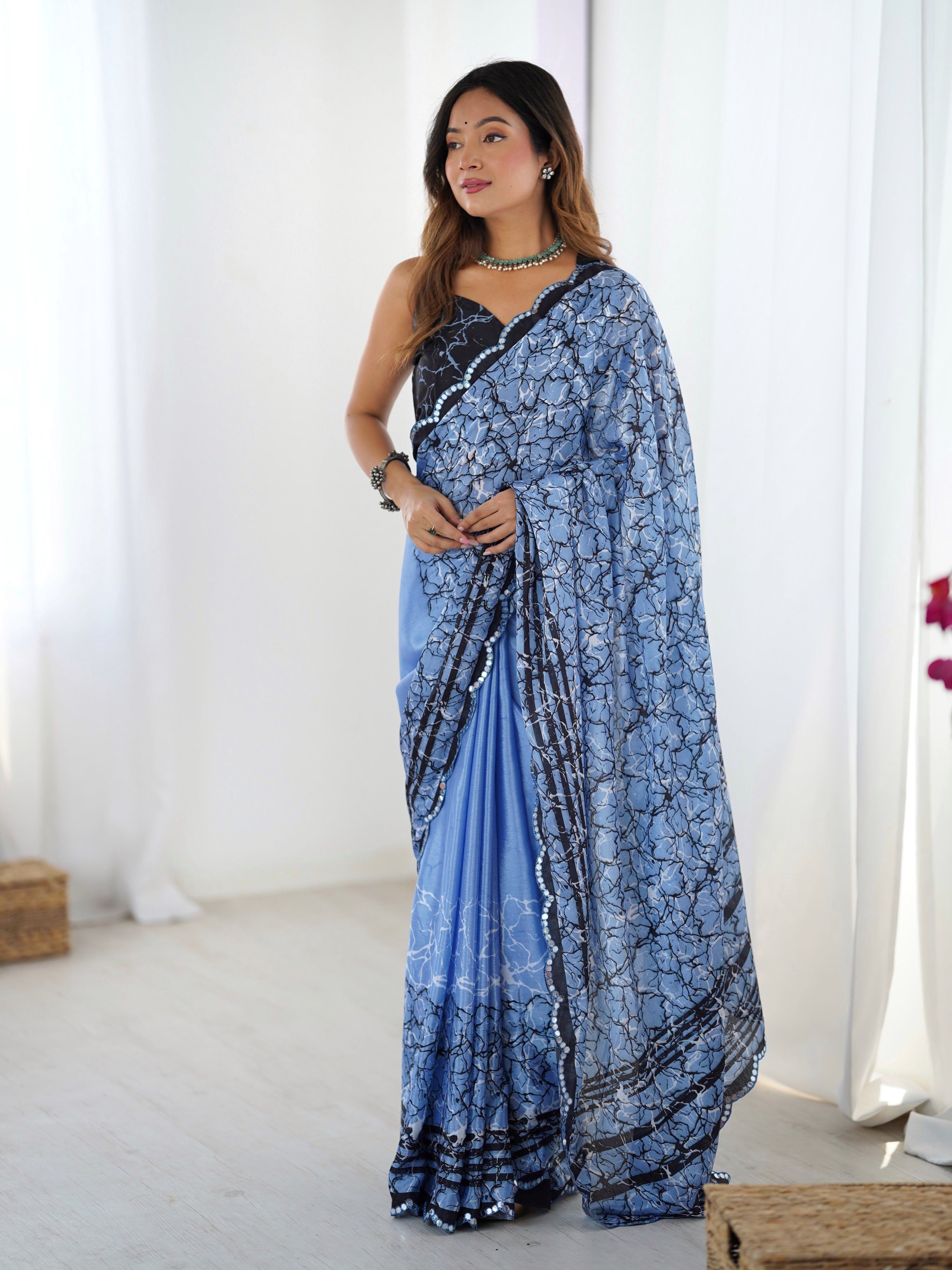 Jyoti Fashion Women's Blue Chinon Digital Printed Designer Saree with Blouse - Distacart