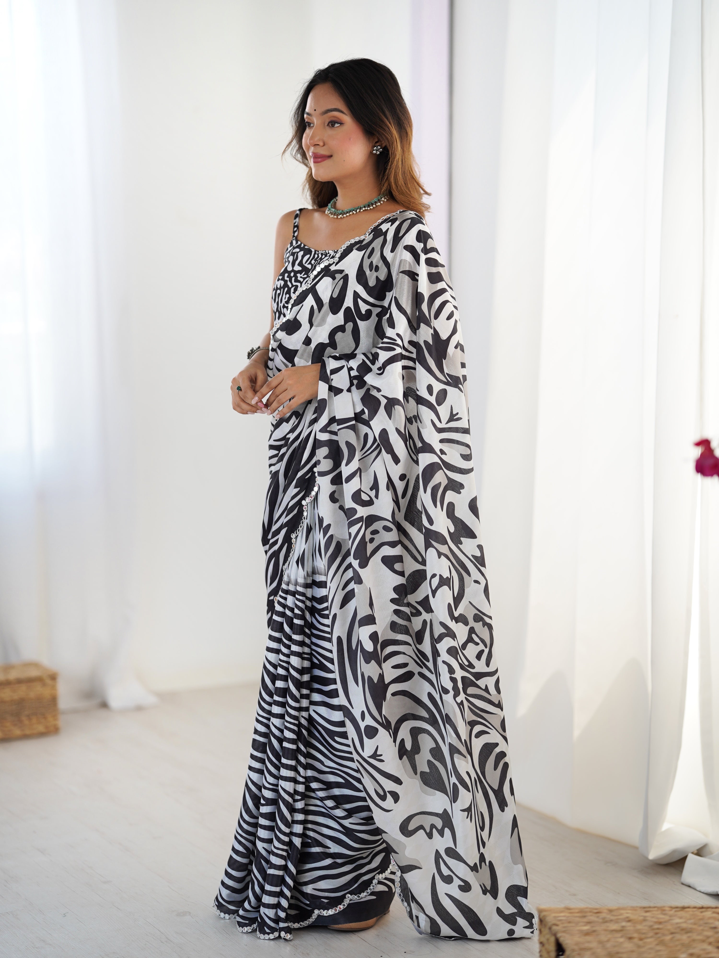 Jyoti Fashion Women's Black Chinon Digital Printed Designer Saree with Blouse - Distacart