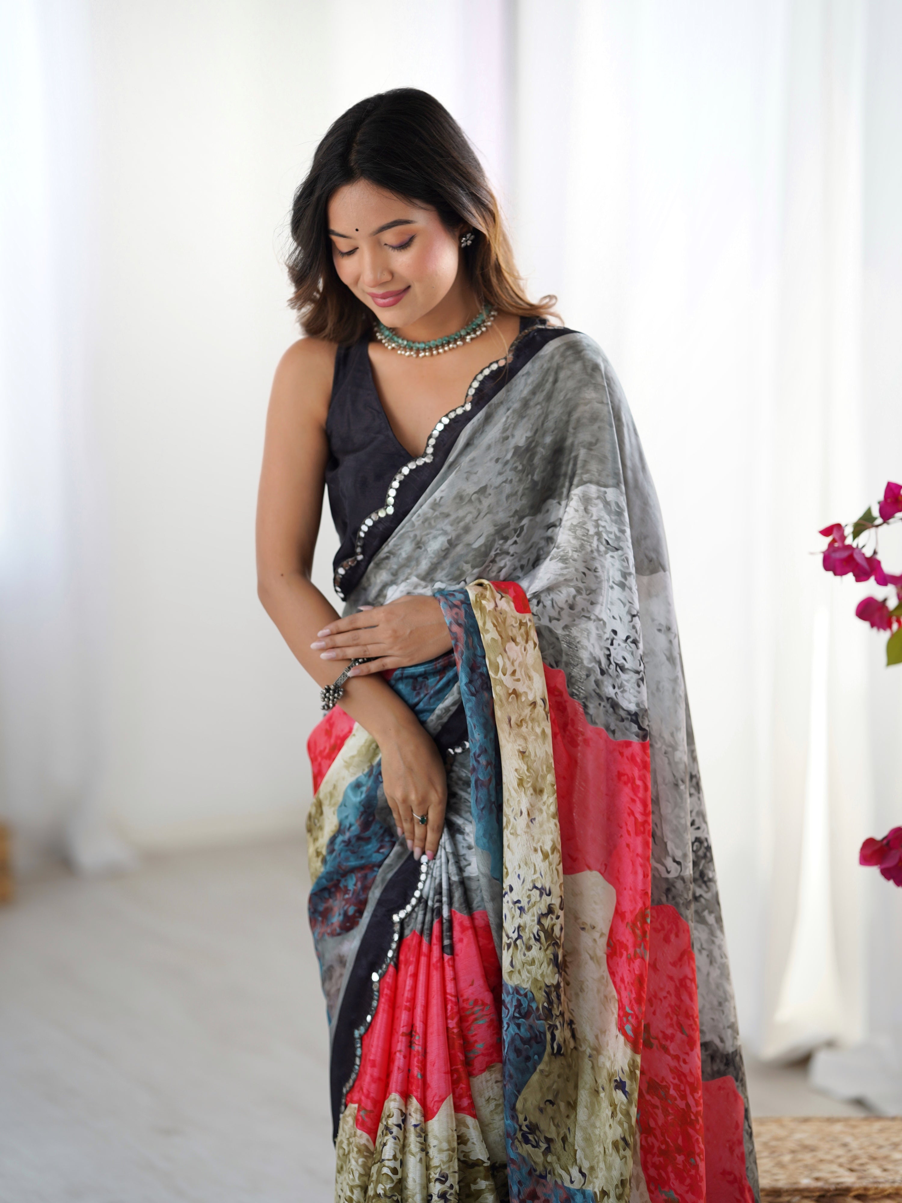 Jyoti Fashion Women's Multicolor Chinon Digital Printed Designer Saree with Blouse - Distacart
