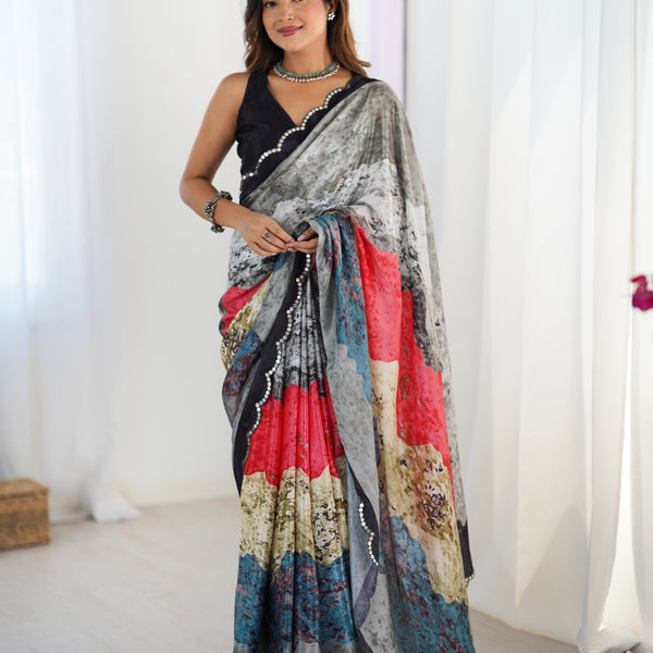 Jyoti Fashion Women's Multicolor Chinon Digital Printed Designer Saree with Blouse - Distacart