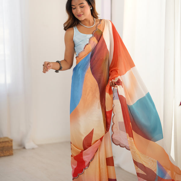 Jyoti Fashion Women's Multicolor Chinon Digital Printed Designer Saree with Blouse - Distacart